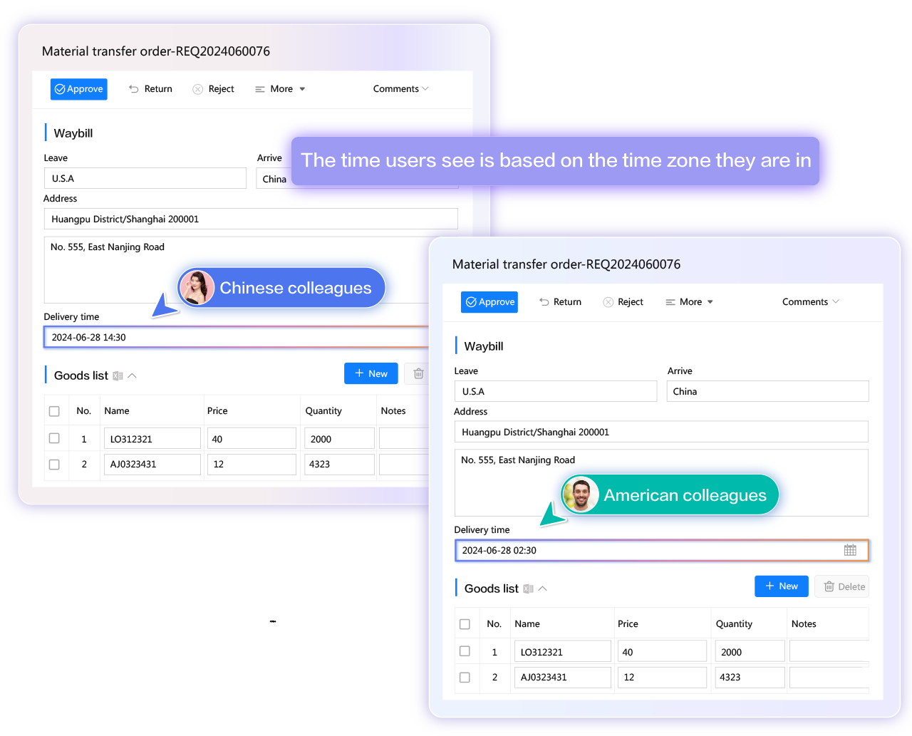 FlowPortal multi - timezone demo: Chinese user enters 8:30 (Beijing Time). It auto - converts to 9:30 (Tokyo Time) for Japanese, 19:30 prev. day (New York Time) for US users. All time fields smart - converted.